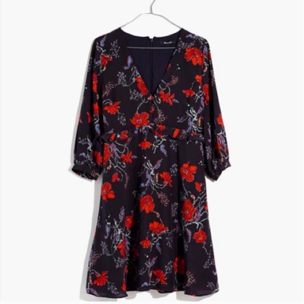 Madewell Windblown Poppies Ruffle Waist Silk Dress 2 - Picture 2 of 14